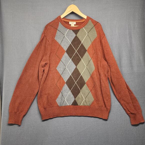 Dockers Sweater Mens XL Rust Orange Brown Argyle Crewneck Pullover Casual Knit - Picture 1 of 11